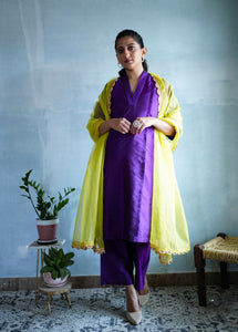  Vanya x Tyohaar | Purple A-Line Art Silk V Neck Kurta with Detailing_6