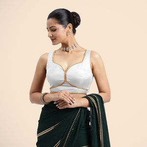  Ishika x Tyohaar | Pearl White Sleeveless FlexiFit™ Saree Blouse with Beetle Leaf Neckline with Gota Lace and Back Cut-out with Tie-Up_5