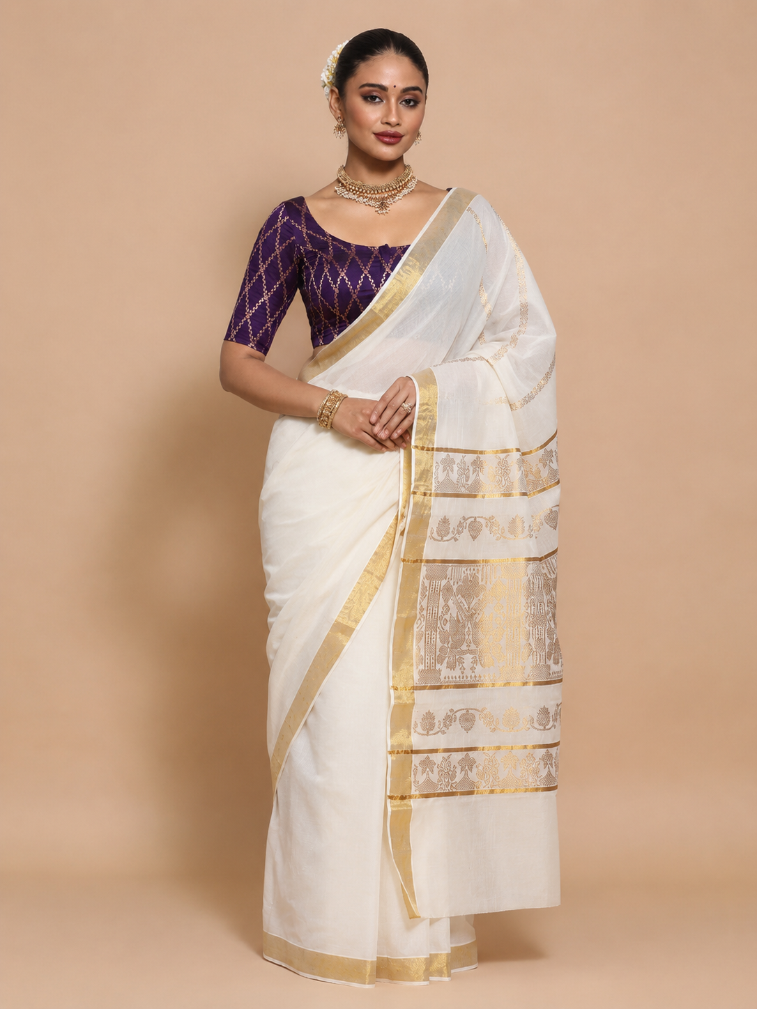 Kasavu-Kit Kasavu Saree with Kumkum Elbow Sleeve blouse in Orchid Plum Vine Mesh Brocade