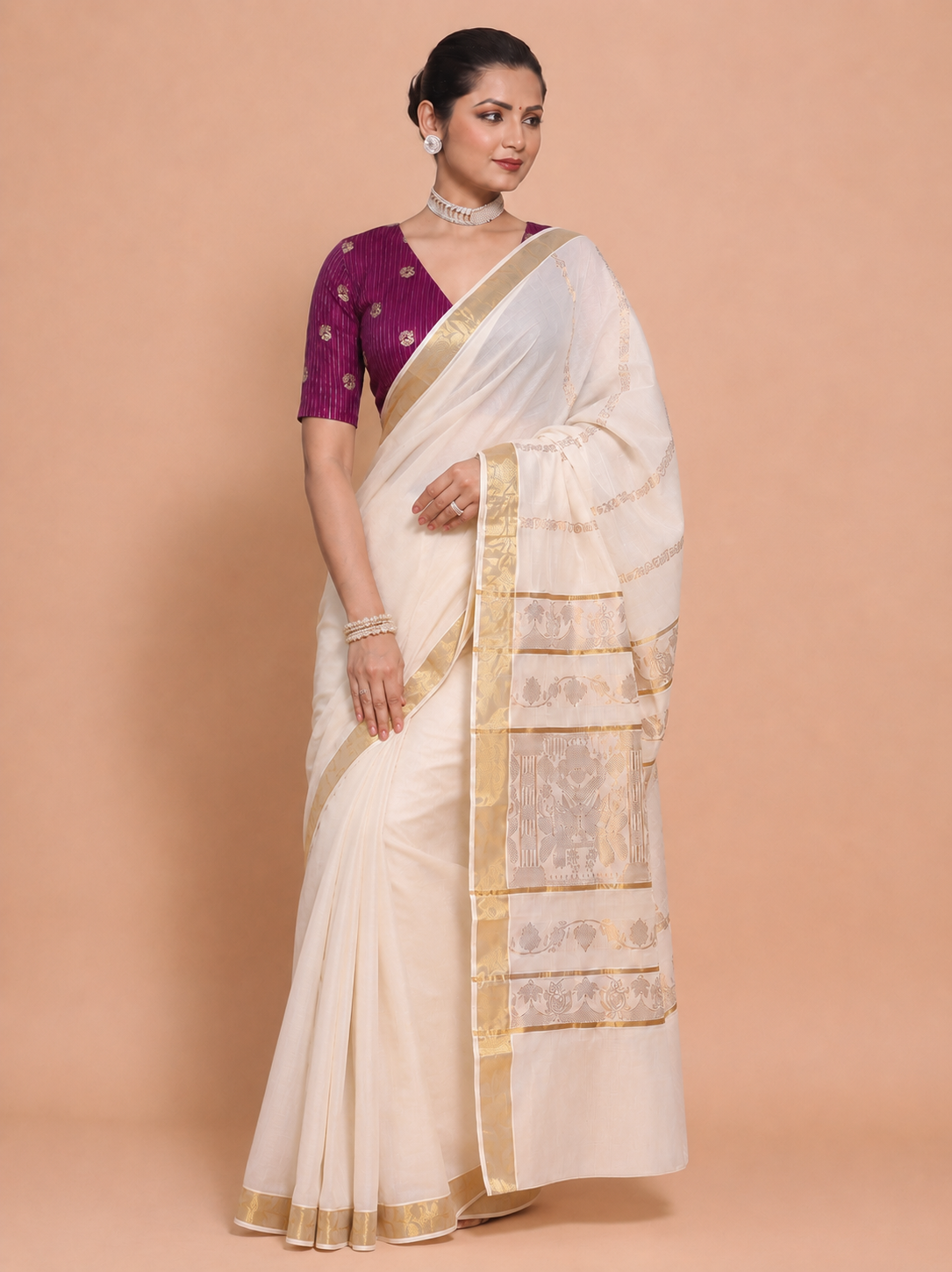 Kasavu-Kit Kasavu Saree with Madhura Elbow Sleeve blouse in Plum Striped Peacock Brocade