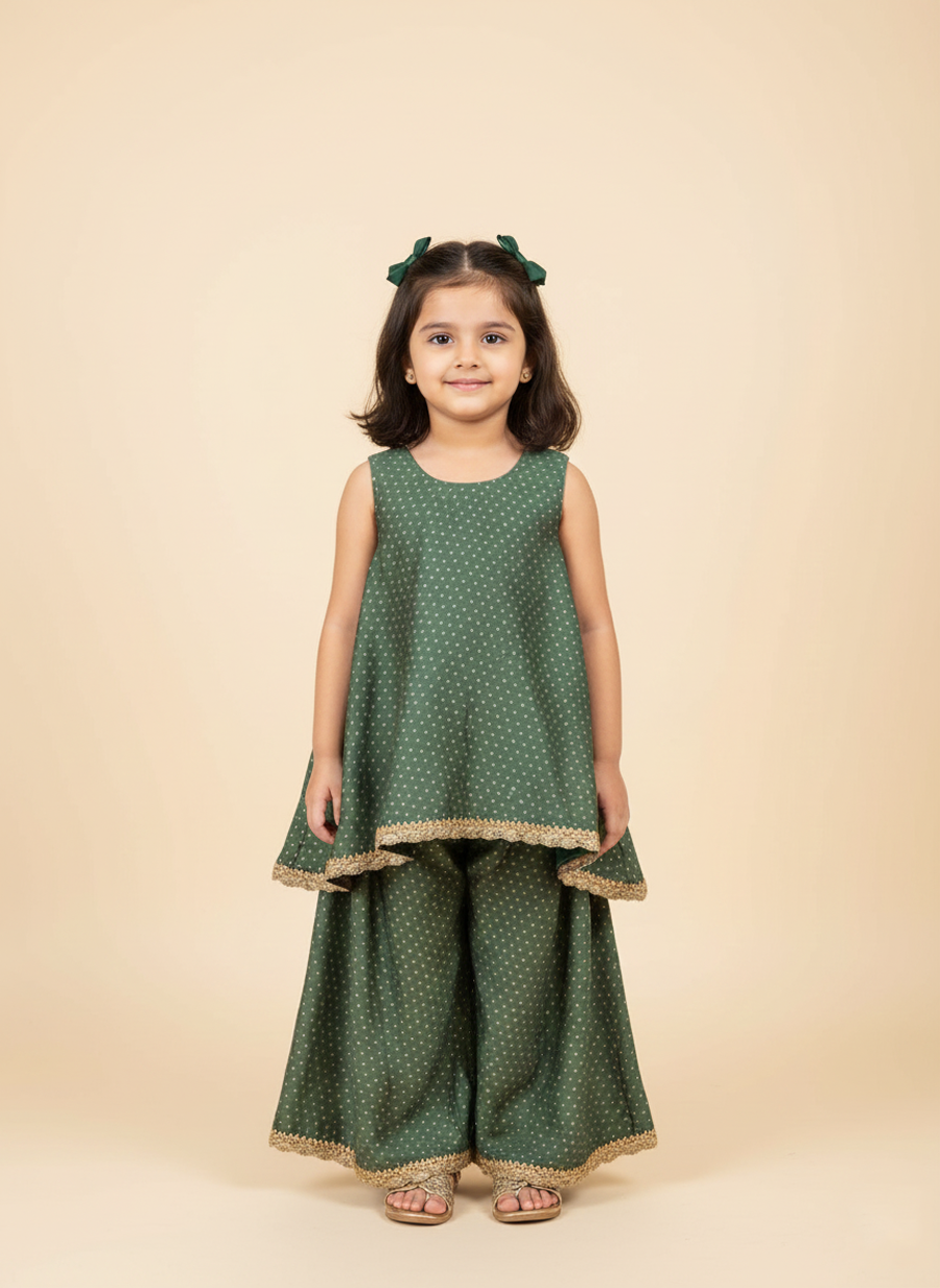 Kitty x Tyohaar green Chandheri kid outfit