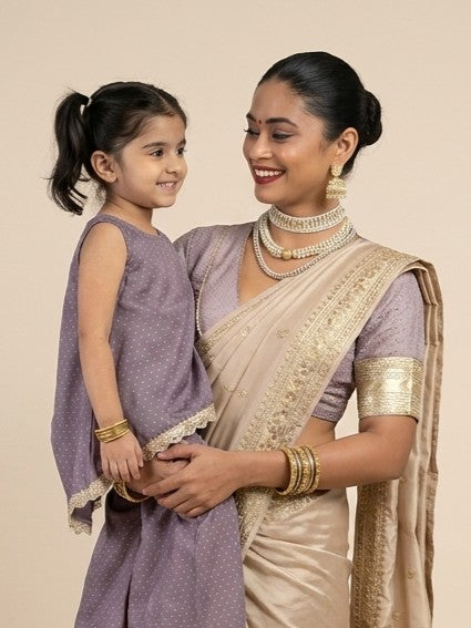 Mommy&Me | Kitty + Elira Lilac Foil Chandheri Kurta Set & Saree Blouse Combo