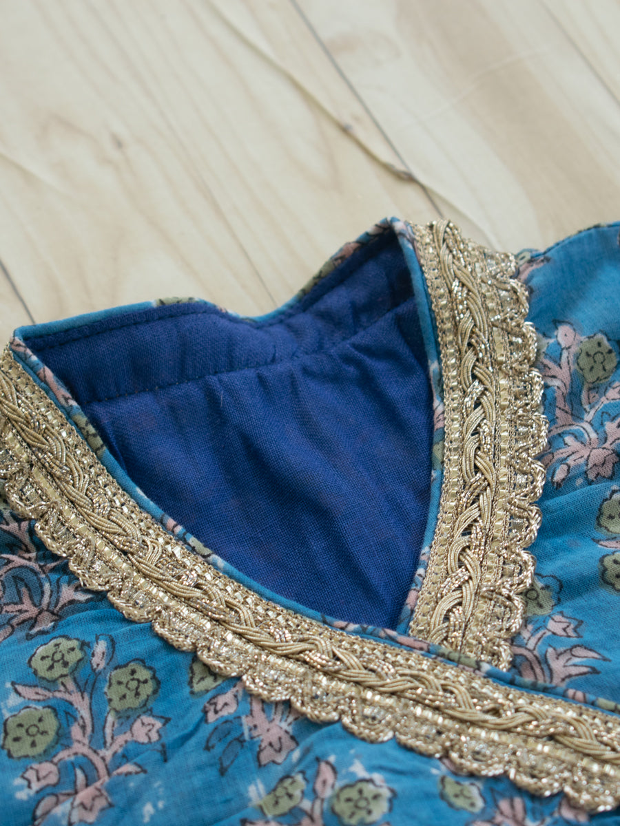 Lola x Tyohaar | Angrakha-Sharara Set in Blue Garden Block Print Cotton