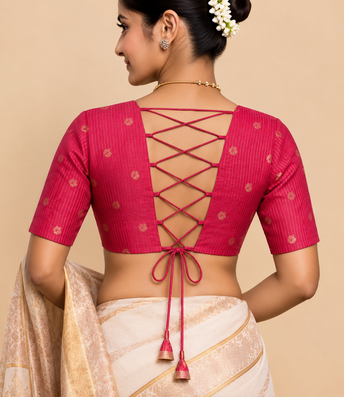 Madhura | Elbow Sleeve Rani Pink Striped Peacock Brocade FlexiFit™ Saree Blouse