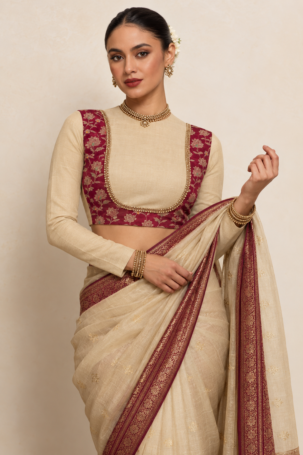 Anarkali x Tyohaar | Full Sleeves Ivory & Red Meenakari Viscose Saree Blouse