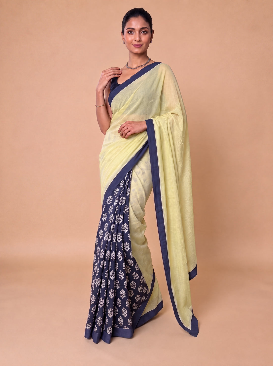 Mayuri | Patchwork Blue Flower Cotton DrapeFit™ Saree