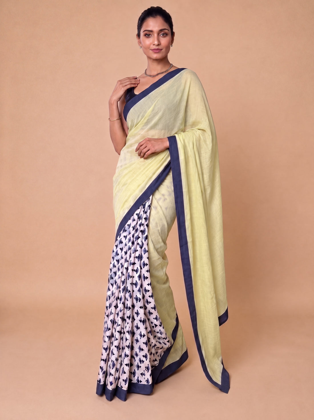 Mayuri | Patchwork Blue Floral Bud Cotton DrapeFit™ Saree