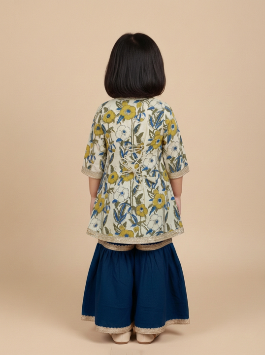 Mithi x Tyohaar | Angrakha-Sharara Set in Cream Meadow Block Print Cotton