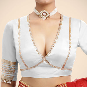  Nafeeza x Tyohaar | Pearl White Embellished Elbow Sleeves FlexiFit™ Saree Blouse with Plunging V Neckline with Tasteful Gota Lace_6