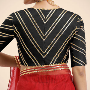  Navya x Tyohaar | Charcoal Black Elbow Sleeves FlexiFit™ Saree Blouse with Plunging V Neckline with Tasteful Gota Lace_3