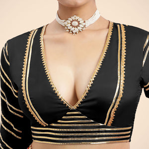  Navya x Tyohaar | Charcoal Black Elbow Sleeves FlexiFit™ Saree Blouse with Plunging V Neckline with Tasteful Gota Lace_5