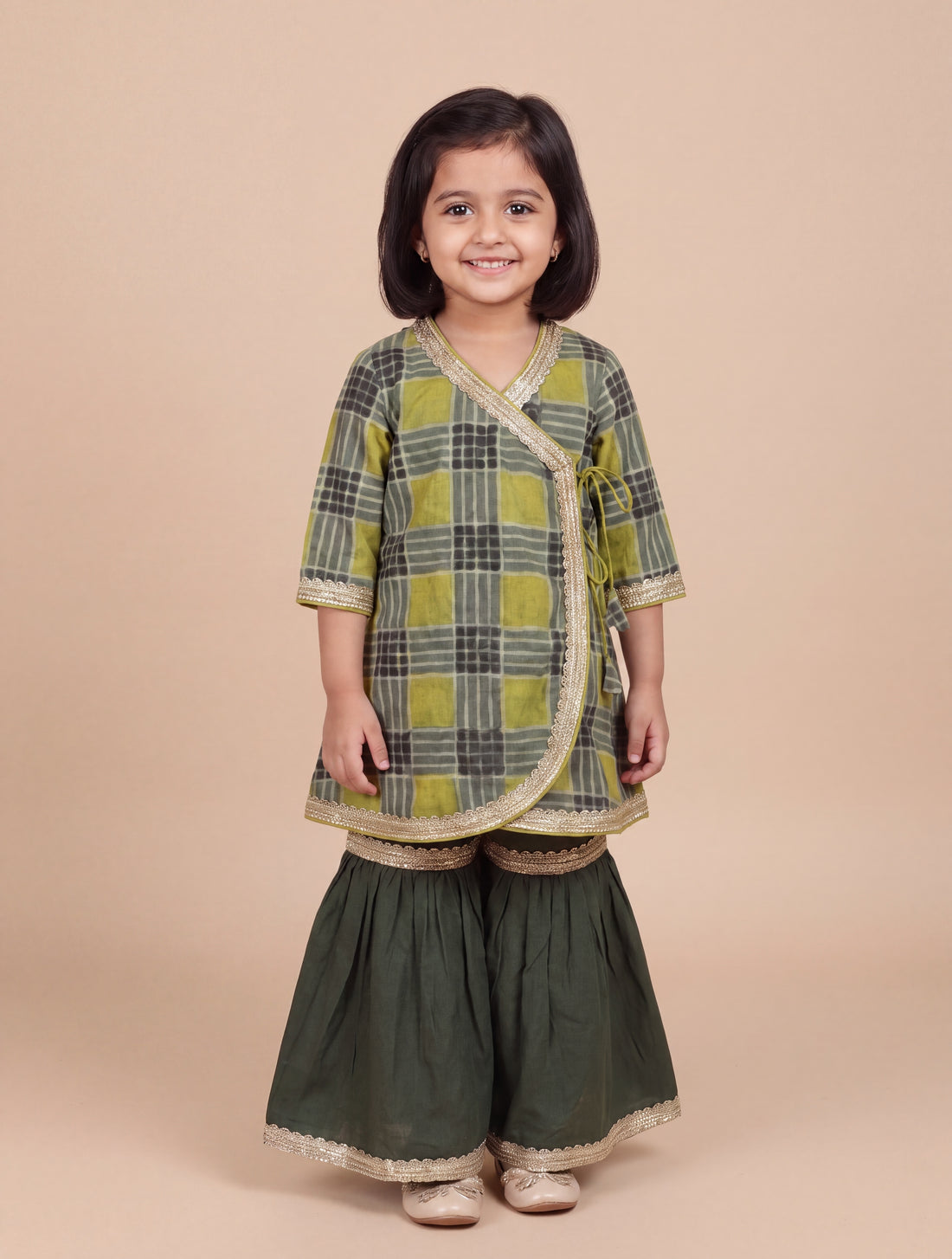 Olivea x Tyohaar | Angrakha-Sharara Set in Olive Grid Block Print Cotton