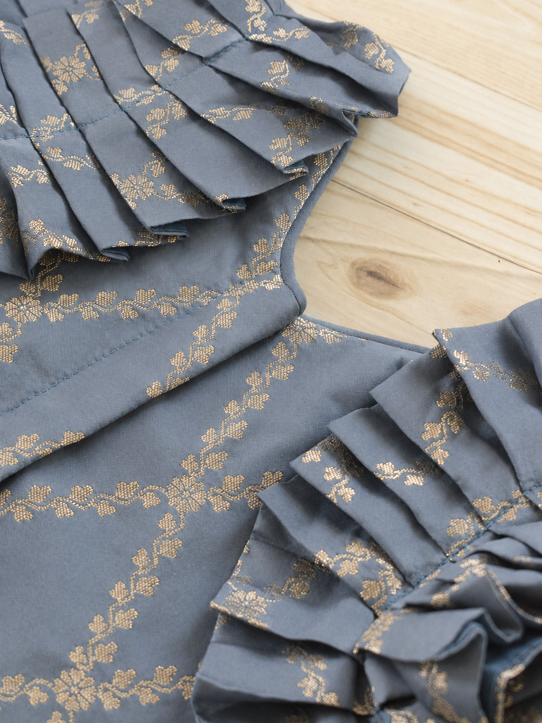 Pari x Tyohaar | Gilded Grey Vine Mesh Brocade Ruffle Sleeve Pattu Pavadai