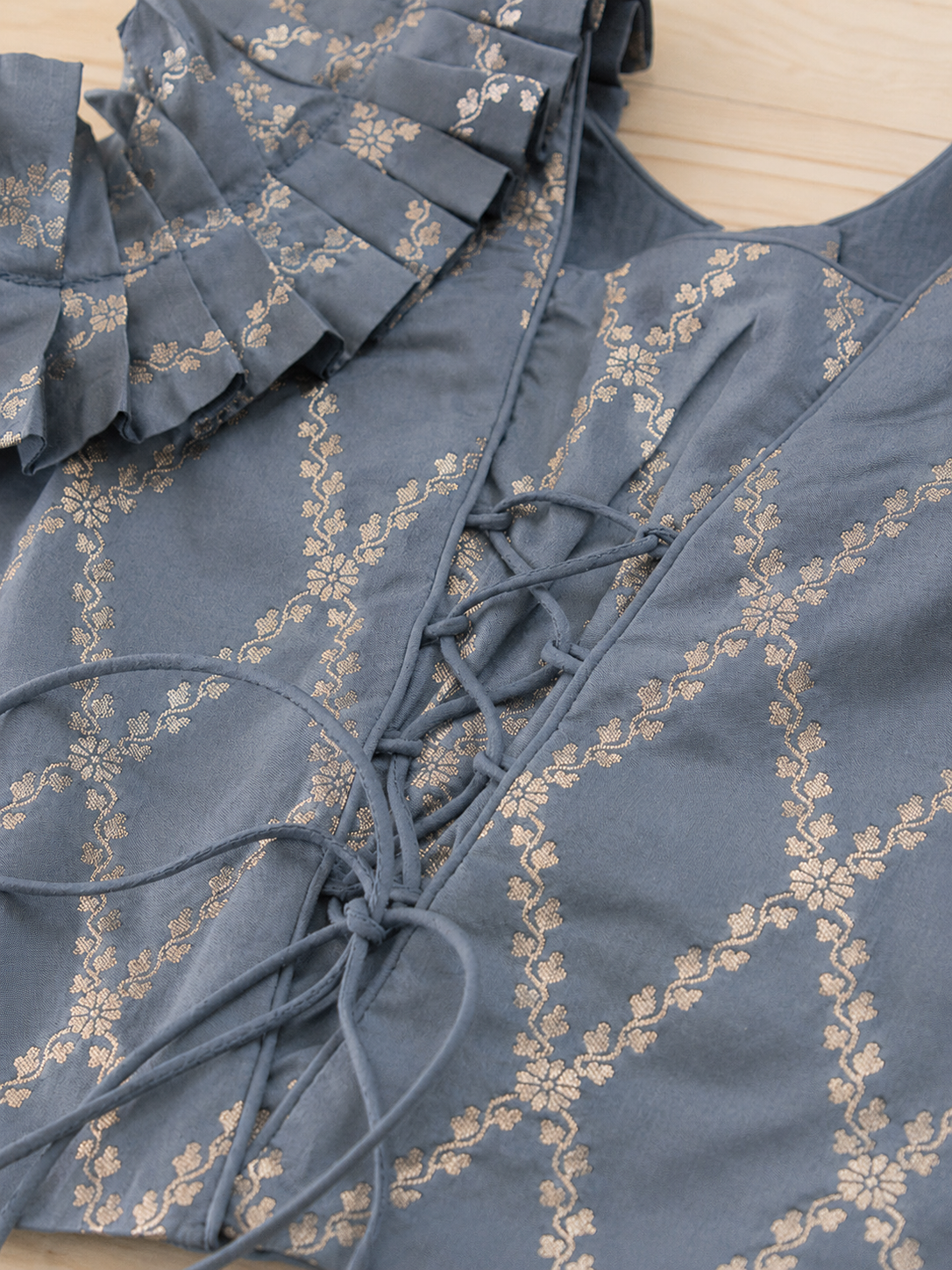 Pari x Tyohaar | Gilded Grey Vine Mesh Brocade Ruffle Sleeve Pattu Pavadai