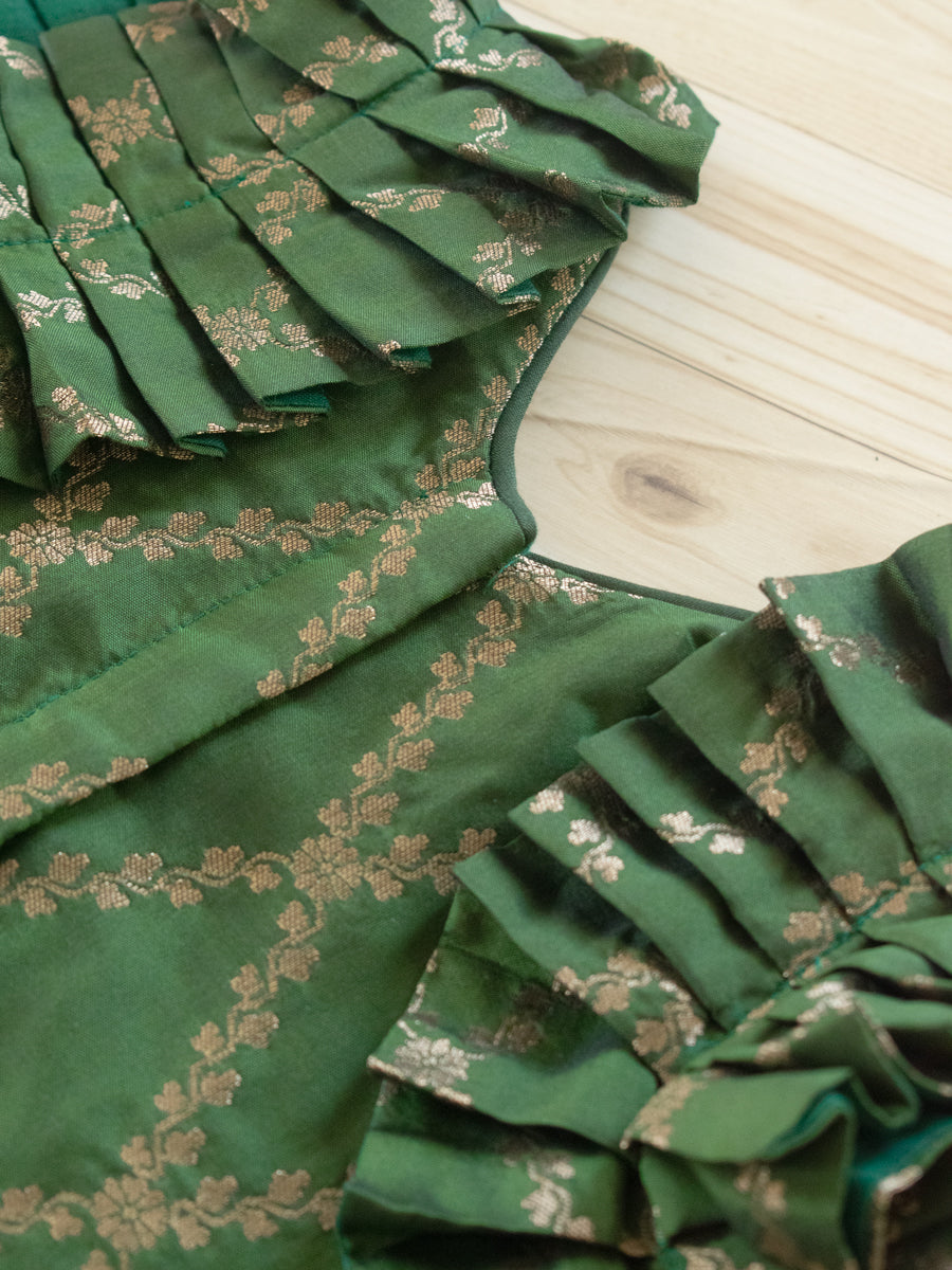 Pari x Tyohaar | Dark Green Vine Mesh Brocade Ruffle Sleeve Pattu Pavadai
