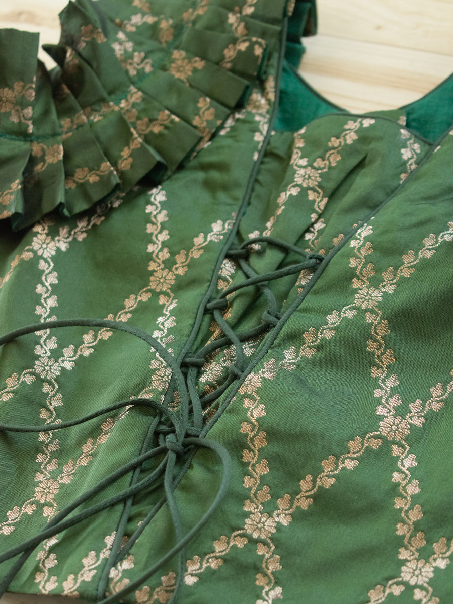 Pari x Tyohaar | Dark Green Vine Mesh Brocade Ruffle Sleeve Pattu Pavadai