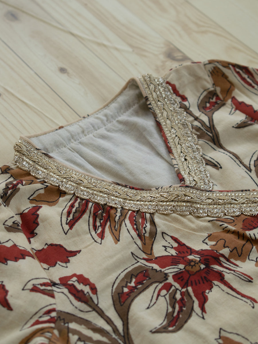 Phuli x Tyohaar | Angrakha-Sharara Set in Cream Blossom Block Print Cotton