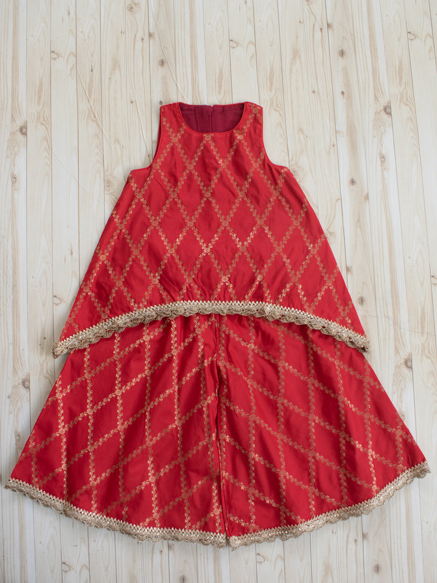 Poppy x Tyohaar | Berry Red Vine Mesh Brocade Tent Style Kurta & Flared Pant Set