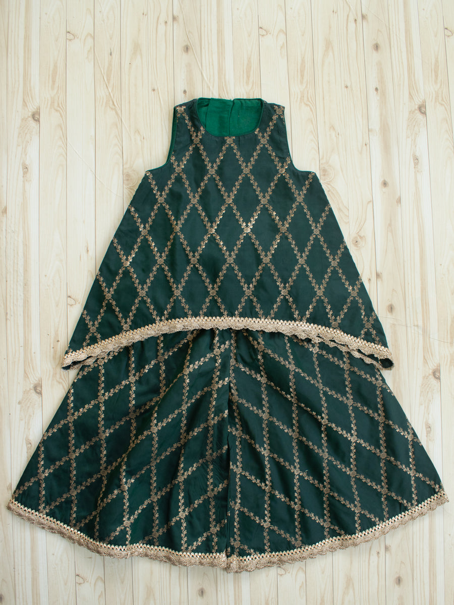Poppy x Tyohaar | Dark Green Vine Mesh Brocade Tent Style Kurta & Flared Pant Set