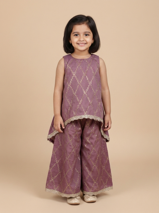 Poppy x Tyohaar | Dusky Mauve Vine Mesh Brocade Tent Style Kurta & Flared Pant Set
