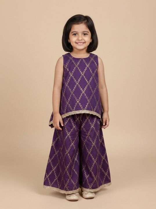 Poppy x Tyohaar | Orchid Plum Vine Mesh Brocade Tent Style Kurta & Flared Pant Set