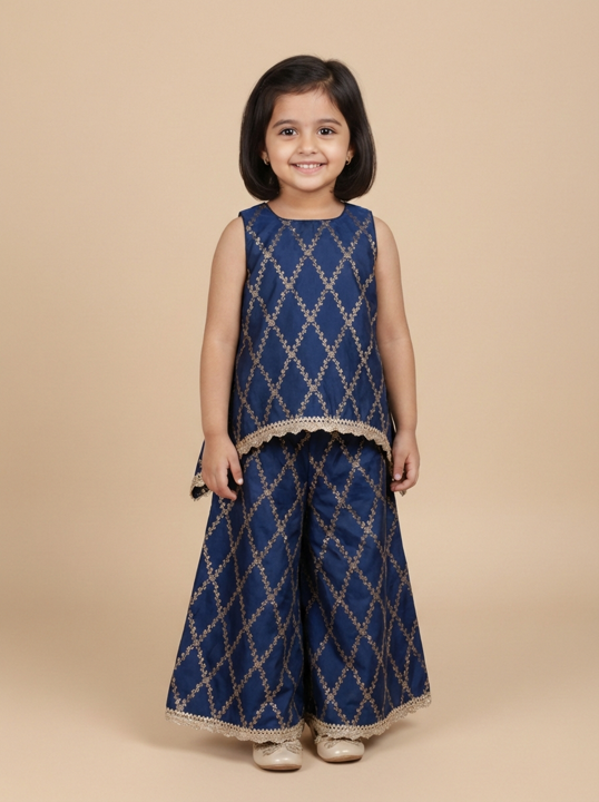 Poppy x Tyohaar | Royal Navy Vine Mesh Brocade Tent Style Kurta & Flared Pant Set