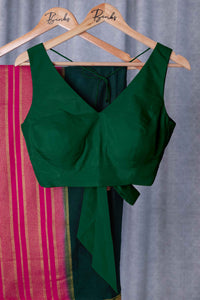  Raisa x Rozaana | Bottle Green Sleeveless FlexiFit™ Saree Blouse with Simple V Neckline and Back Cut-out with Tie-Up_1