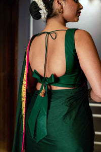  Raisa x Rozaana | Bottle Green Sleeveless FlexiFit™ Saree Blouse with Simple V Neckline and Back Cut-out with Tie-Up_3