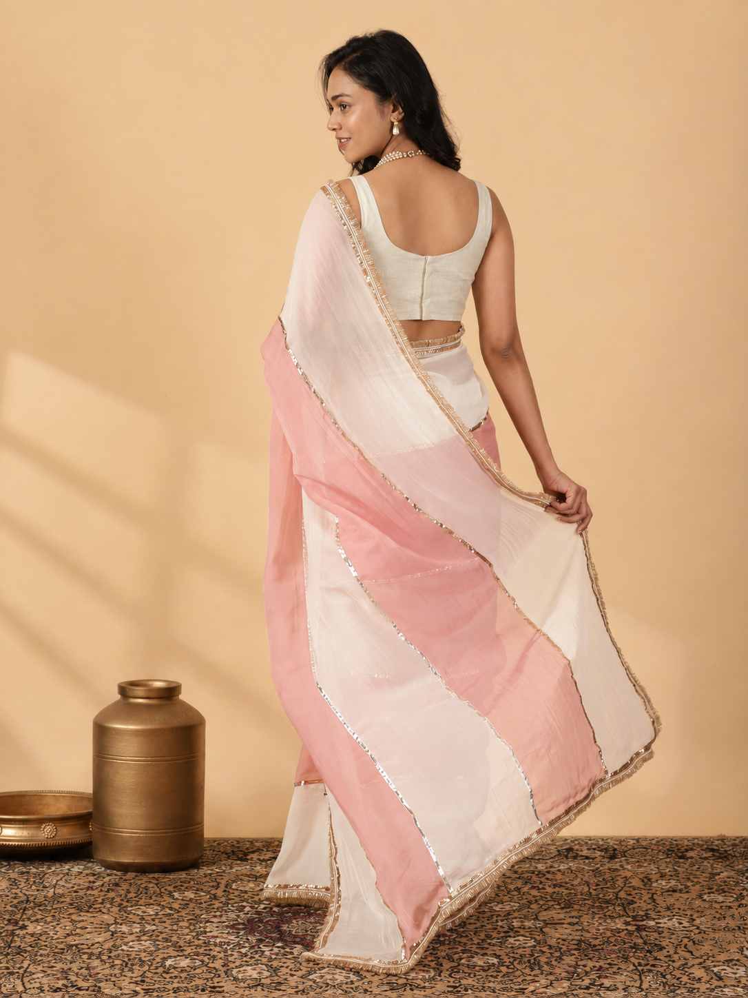 Rakhi-Giftbox | Pink & White Viscose Kajol Saree with Plain Chandheri Sushmita Sleeveless Blouse