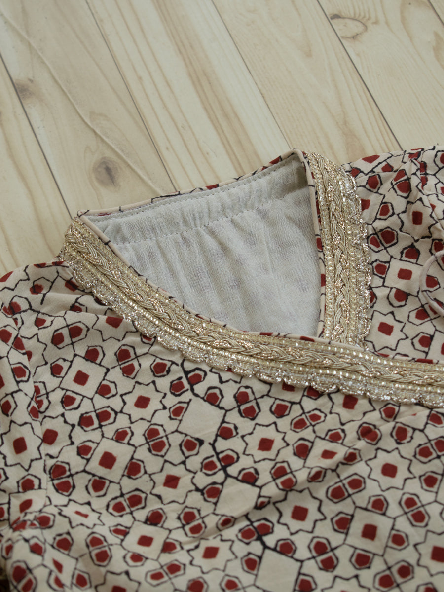 Rangoli x Tyohaar | Angrakha-Sharara Set in Cream & Red Geometric Block Print Cotton