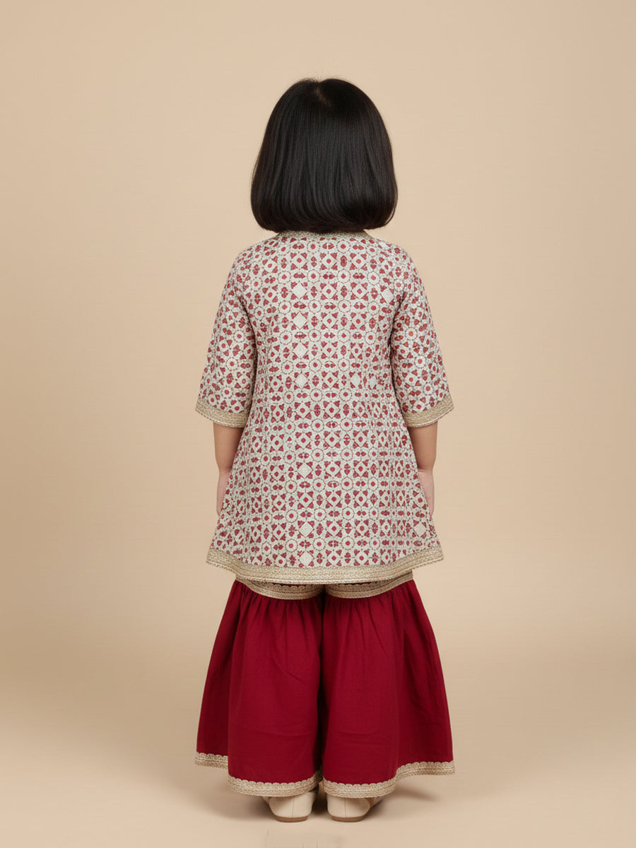 Rangoli x Tyohaar | Angrakha-Sharara Set in Cream & Red Geometric Block Print Cotton