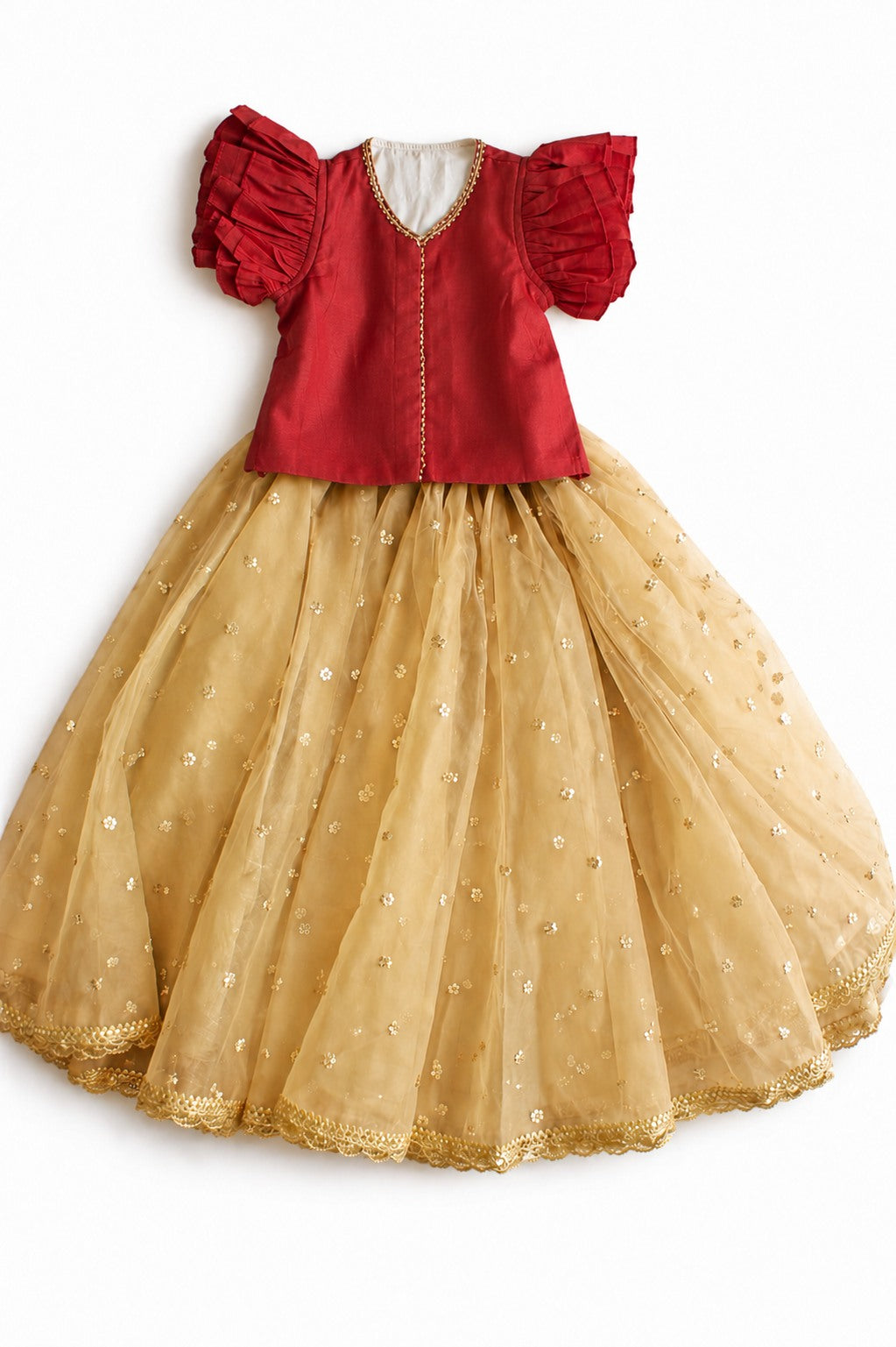 Gilheri x Tyohaar | Velvet Red & Gold Chandheri-Organza Ruffle Sleeve Lehenga Set