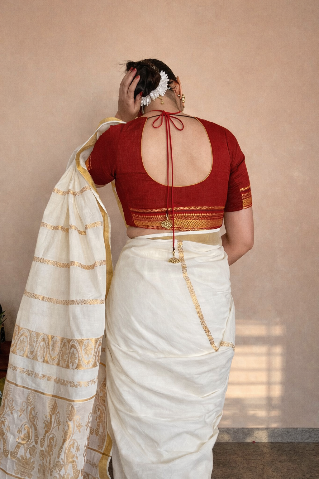 Kasavu-Kit Kasavu Saree with Revathi Elbow Sleeve blouse in Chilli Red