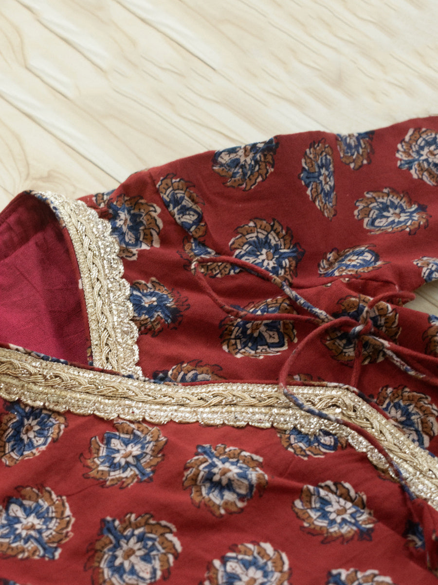 Roza x Tyohaar | Angrakha-Sharara Set in Crimson Field Block Print Cotton