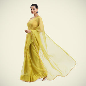  Kinara x Tyohaar | Lemon Yellow Organza Saree with Gota Border | Ready-to-Wear Optional_2