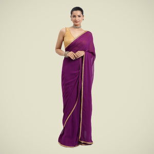 Kinara x Tyohaar | Purple Violet Georgette Saree with Gota Border | Ready-to-Wear Optional_1