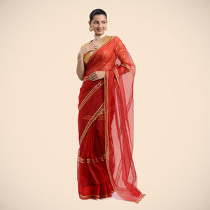  Gulaal x Tyohaar | Crimson Red Organza Saree with Gota Border | Ready-to-Wear Optional_1