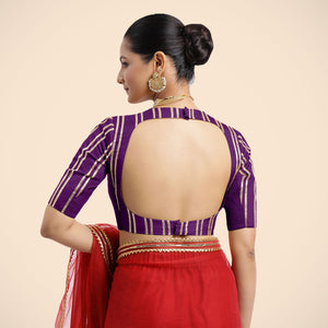  Shaheen x Tyohaar | Purple Elbow Sleeves FlexiFit™ Saree Blouse with Zero Neck with Back Cut-Out and Gota Embellishment_2