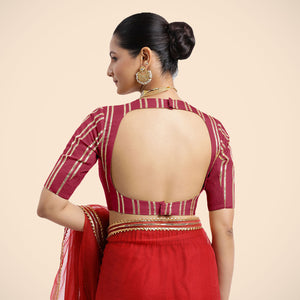  Shaheen x Tyohaar | Rani Pink Elbow Sleeves FlexiFit™ Saree Blouse with Zero Neck with Back Cut-Out and Gota Embellishment_2