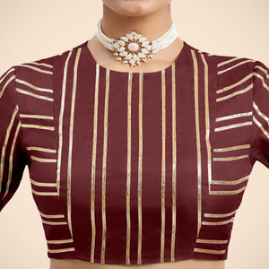  Shaheen x Tyohaar | Burgundy Elbow Sleeves FlexiFit™ Saree Blouse with Zero Neck with Back Cut-Out and Gota Embellishment_6