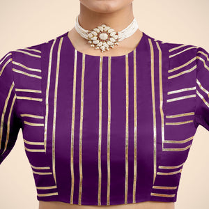  Shaheen x Tyohaar | Purple Elbow Sleeves FlexiFit™ Saree Blouse with Zero Neck with Back Cut-Out and Gota Embellishment_4