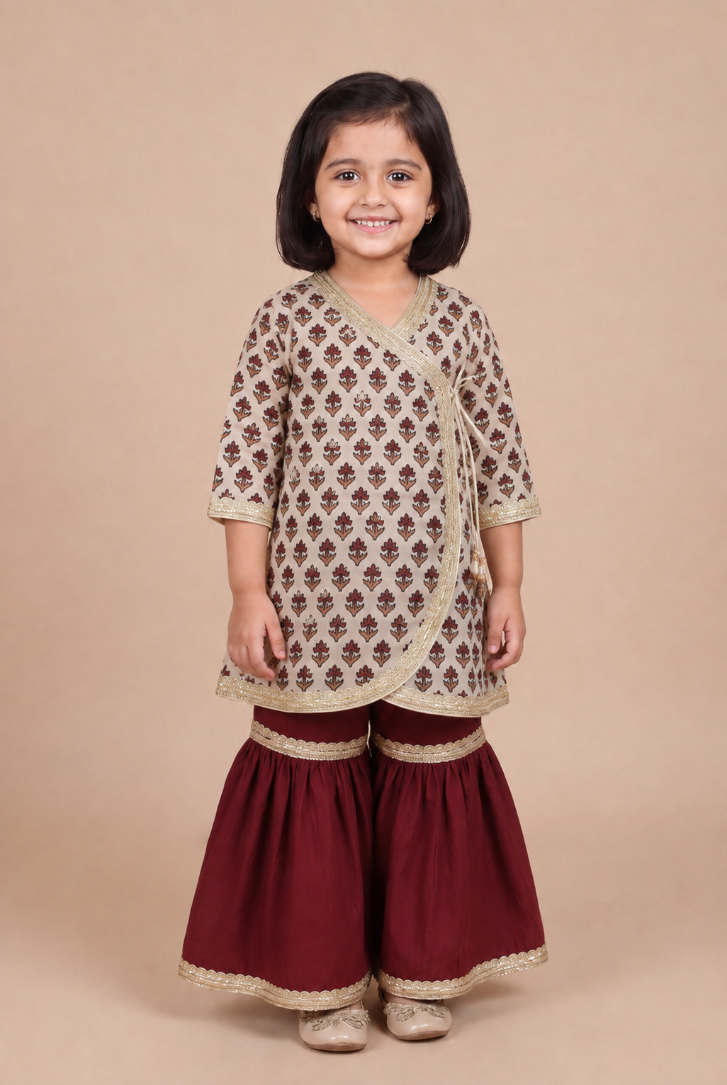 Tutu x Tyohaar | Angrakha-Sharara Set in Tulip Bloom Cream Block Print Cotton