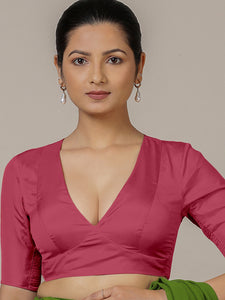 Zeenat x Rozaana | Rani Pink Elbow Sleeves FlexiFit™ Saree Blouse with Plunging Neckline