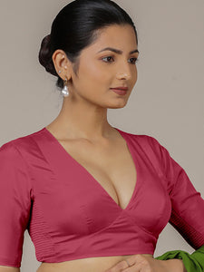 Zeenat x Rozaana | Rani Pink Elbow Sleeves FlexiFit™ Saree Blouse with Plunging Neckline