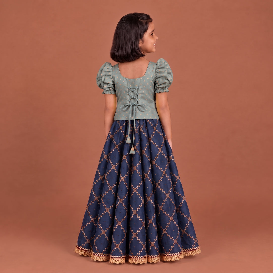Timtim x Tyohaar | Blue Green & Royal Navy Chandheri-Brocade Ruffle Sleeve Lehenga Set