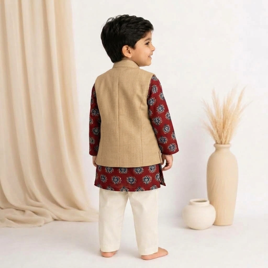 Arju x Tyohaar | Kurta Pant & Jacket Set in Crimson Field Block Print Cotton & Linen
