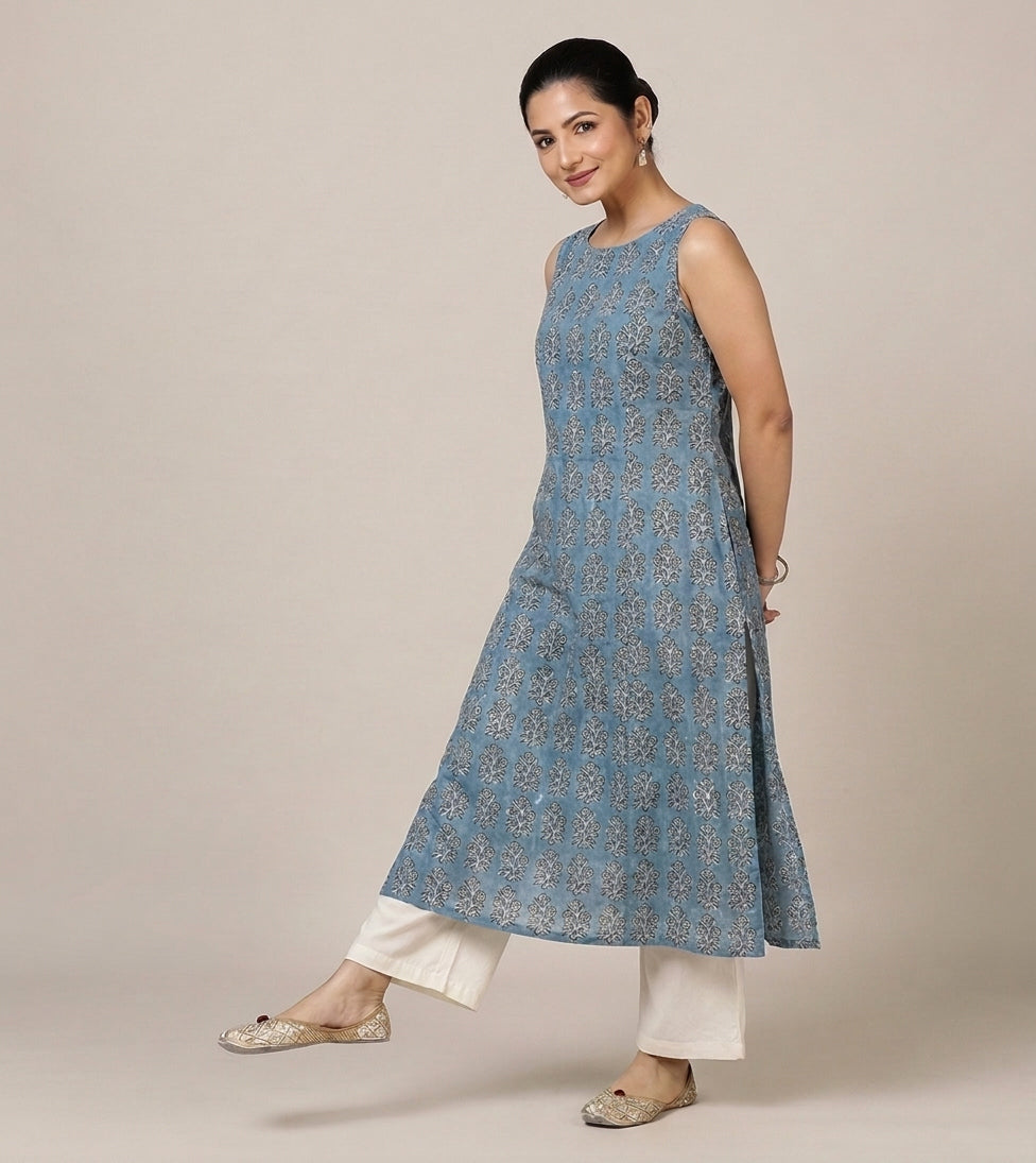 Prerna Sleeveless Blue Garden Handblock Print Cotton BreezeFit™ Kurta