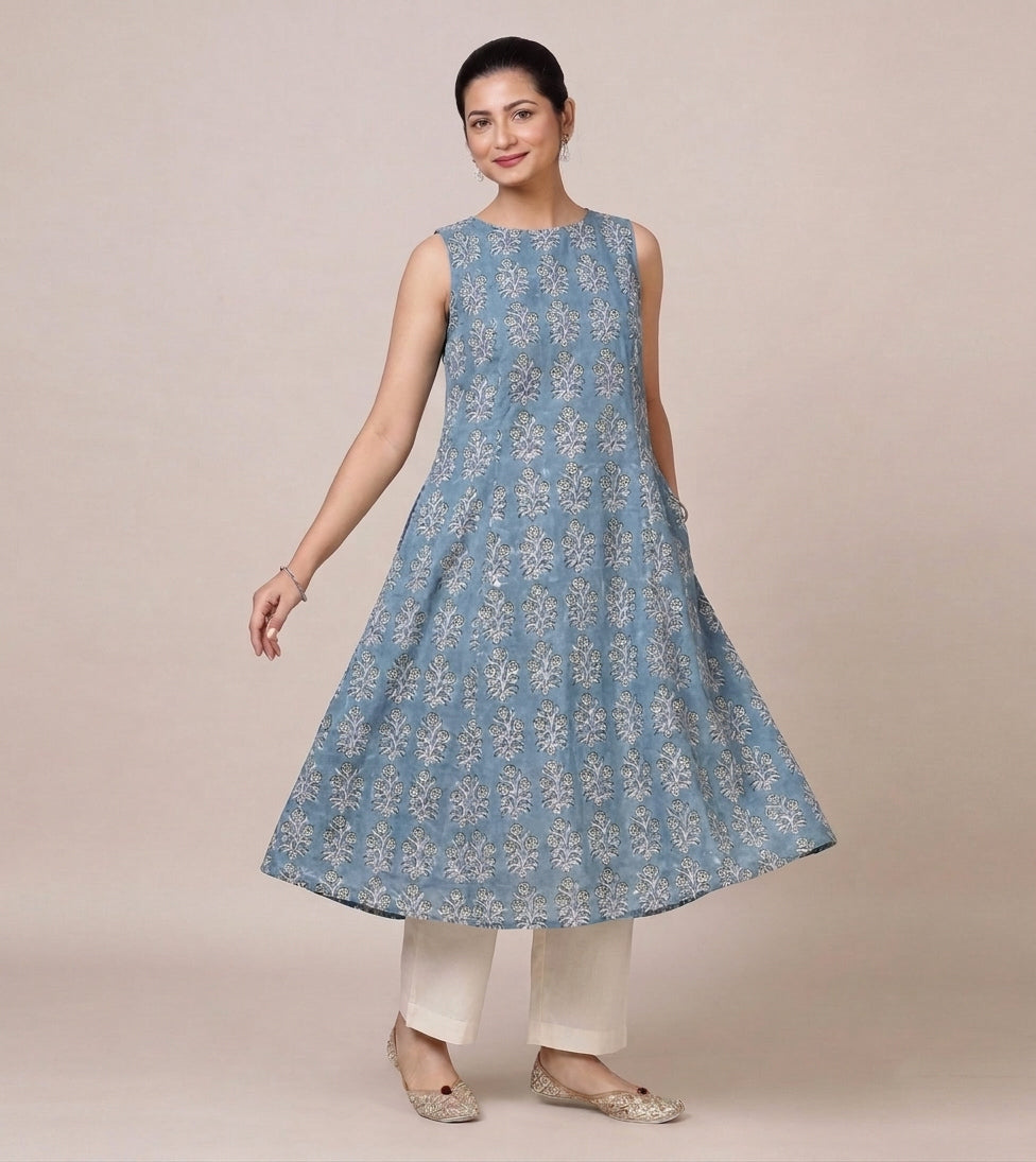 Prerna Sleeveless Blue Garden Handblock Print Cotton BreezeFit™ Kurta