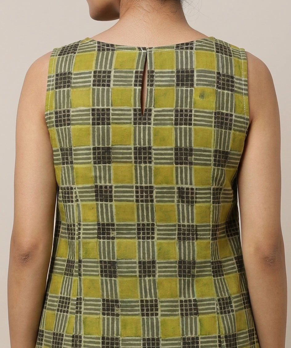 Prerna Sleeveless Olive Grid Handblock Print Cotton BreezeFit™ Kurta