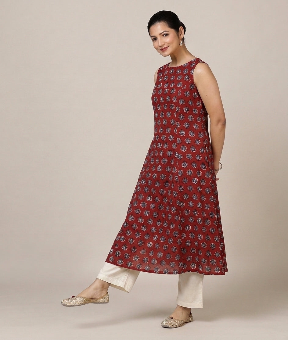 Prerna Sleeveless Crimson Field Handblock Print Cotton BreezeFit™ Kurta